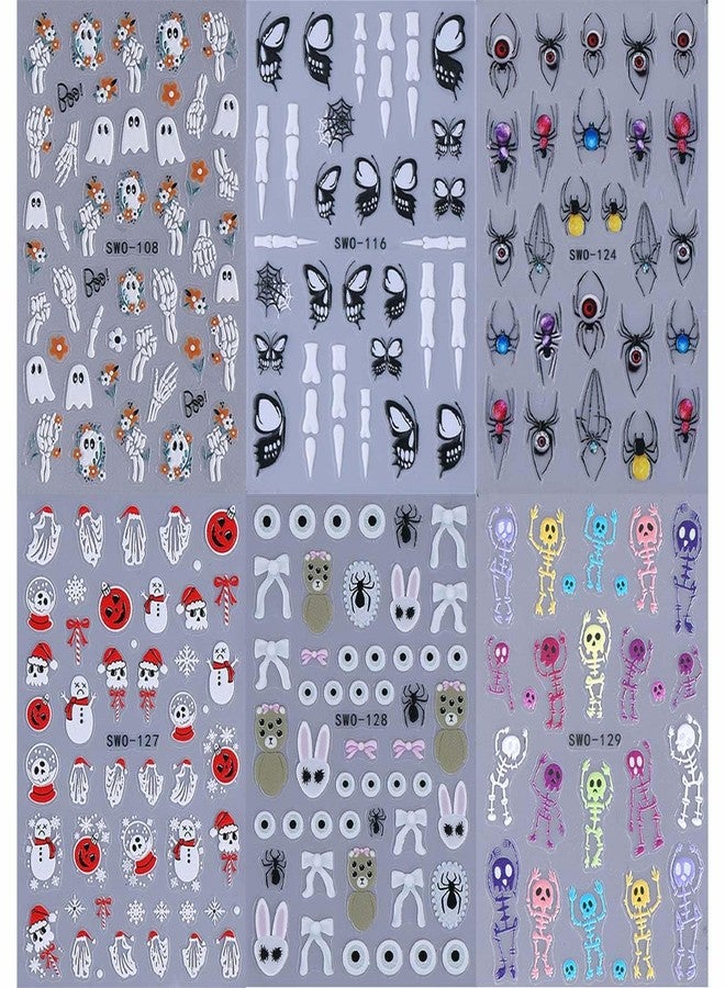 SWEET TREND Halloween Nail Stickers Set - 6 Sheets Spooky Nail Art Decals with Skulls Spiders Ghosts & Evil Eyes - DIY Self-Adhesive Nail Wraps for Halloween Party & Gift for Women - Image 4